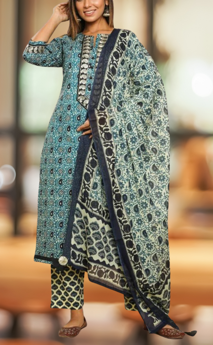 Blue/Black Garden Kurti With Pant And Dupatta Set  .Pure Versatile Cotton. | Laces and Frills - Laces and Frills
