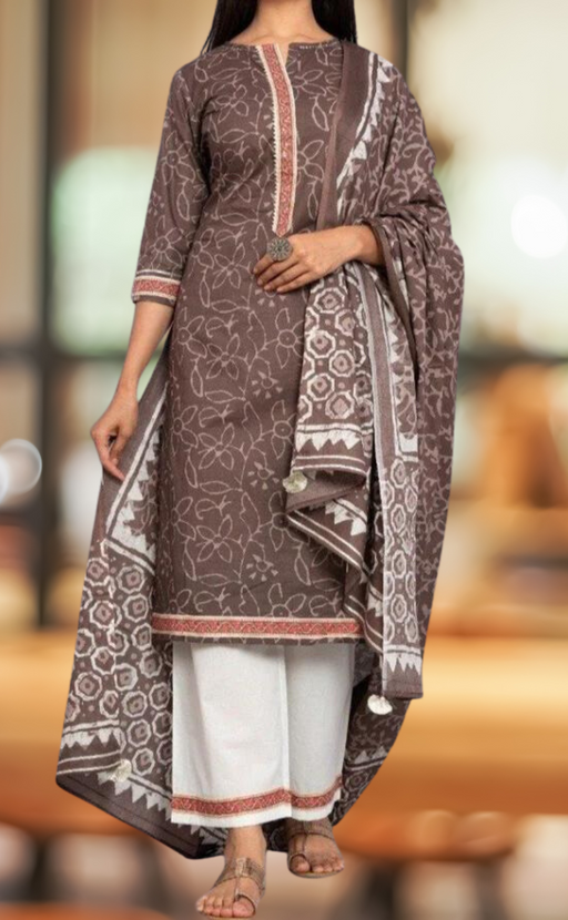 Brown Floral Kurti With Palazzo  And Dupatta Set .Pure Versatile Cotton. | Laces and Frills - Laces and Frills