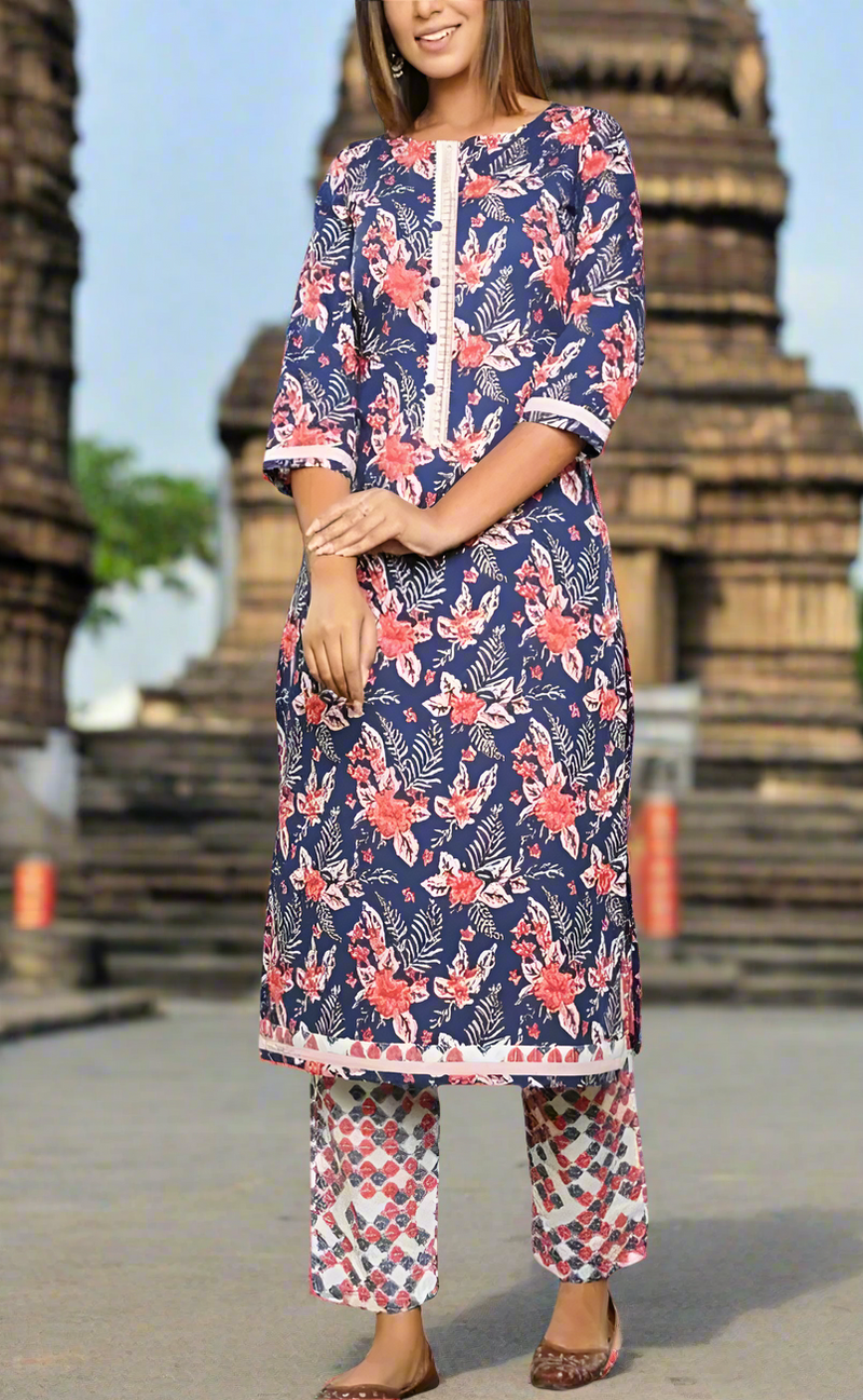 Navy Blue Garden Kurti With Pant Set .Pure Versatile Cotton. | Laces and Frills - Laces and Frills