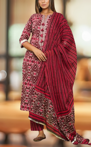 Dark Maroon Ikkat Kurti With Pant And Dupatta Set  .Pure Versatile Cotton. | Laces and Frills - Laces and Frills