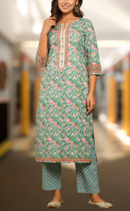 Sea Green/Pink Floral Kurti With Pant Set.Pure Versatile Cotton. | Laces and Frills - Laces and Frills