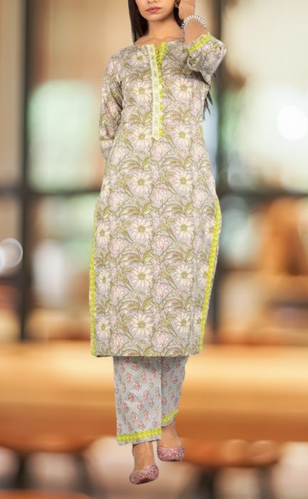 Grey/Green Floral Kurti With Pant Set .Pure Versatile Cotton. | Laces and Frills - Laces and Frills