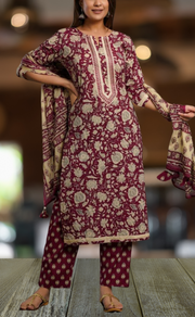 Maroon/Cream Floral Kurti With Pant And Dupatta Set. Pure Versatile Cotton. | Laces and Frills - Laces and Frills
