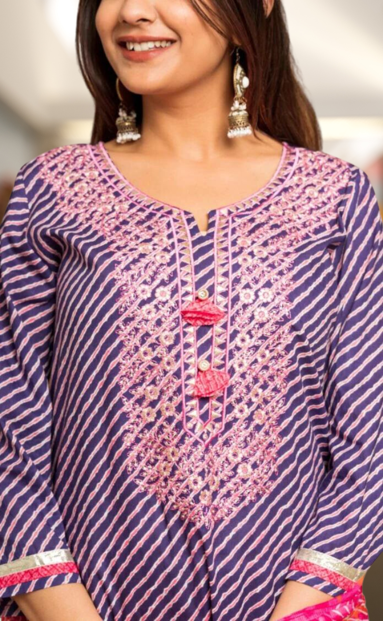 Purple/Pink Lehariya Kurti With Pant And Dupatta Set  .Pure Versatile Cotton. | Laces and Frills - Laces and Frills