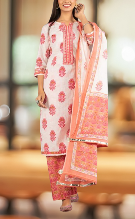 White/Pink Motif Kurti With Palazzo And Dupatta Set .Pure Versatile Cotton. | Laces and Frills - Laces and Frills