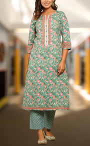 Sea Green/Pink Floral Kurti With Pant Set.Pure Versatile Cotton. | Laces and Frills - Laces and Frills