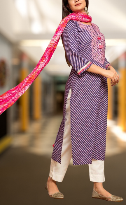 Purple/Pink Lehariya Kurti With Pant And Dupatta Set  .Pure Versatile Cotton. | Laces and Frills - Laces and Frills