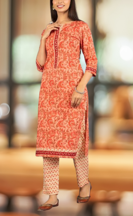 Peach/Red Floral Kurti With Pant Set .Pure Versatile Cotton. | Laces and Frills - Laces and Frills