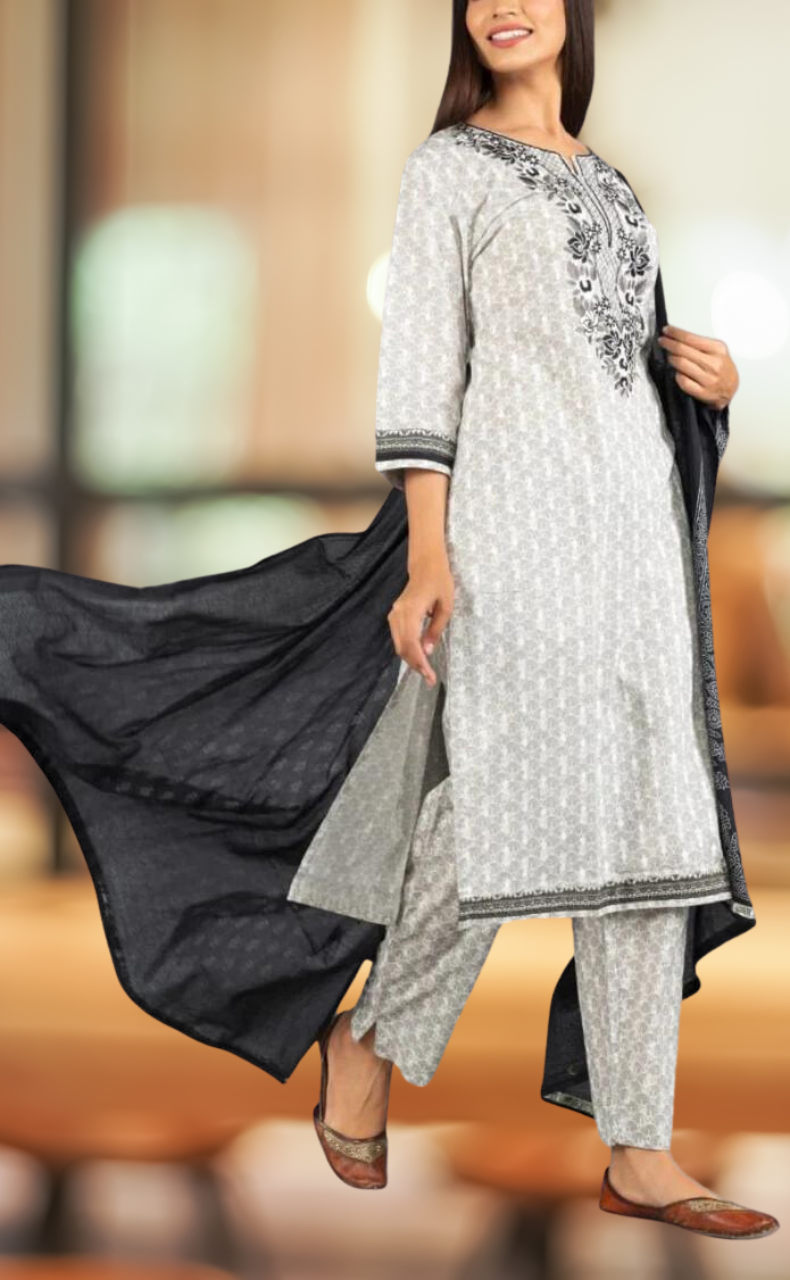 Grey Embroidery Kurti With Pant And Dupatta Set.Pure Versatile Cotton. | Laces and Frills - Laces and Frills