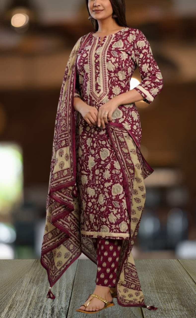 Maroon/Cream Floral Kurti With Pant And Dupatta Set. Pure Versatile Cotton. | Laces and Frills - Laces and Frills