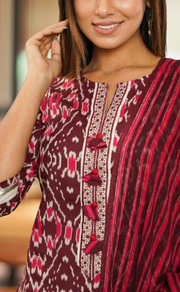 Dark Maroon Ikkat Kurti With Pant And Dupatta Set  .Pure Versatile Cotton. | Laces and Frills - Laces and Frills