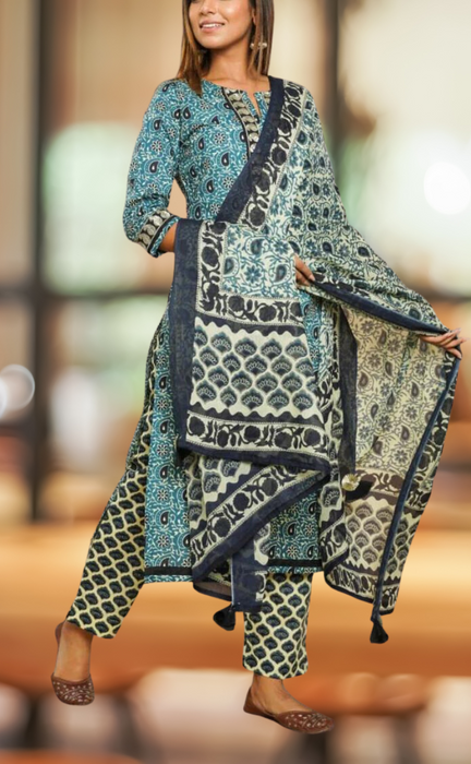 Blue/Black Garden Kurti With Pant And Dupatta Set  .Pure Versatile Cotton. | Laces and Frills - Laces and Frills