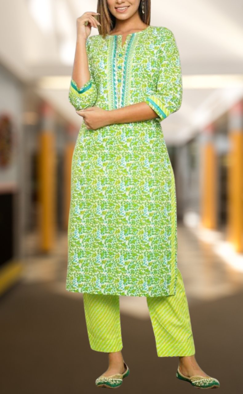 Green Garden Kurti With Pant And Dupatta Set  .Pure Versatile Cotton. | Laces and Frills - Laces and Frills