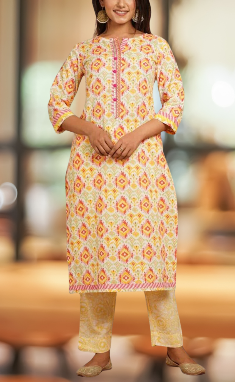 White/Yellow Motif Kurti With Pant Set.Pure Versatile Cotton. | Laces and Frills - Laces and Frills