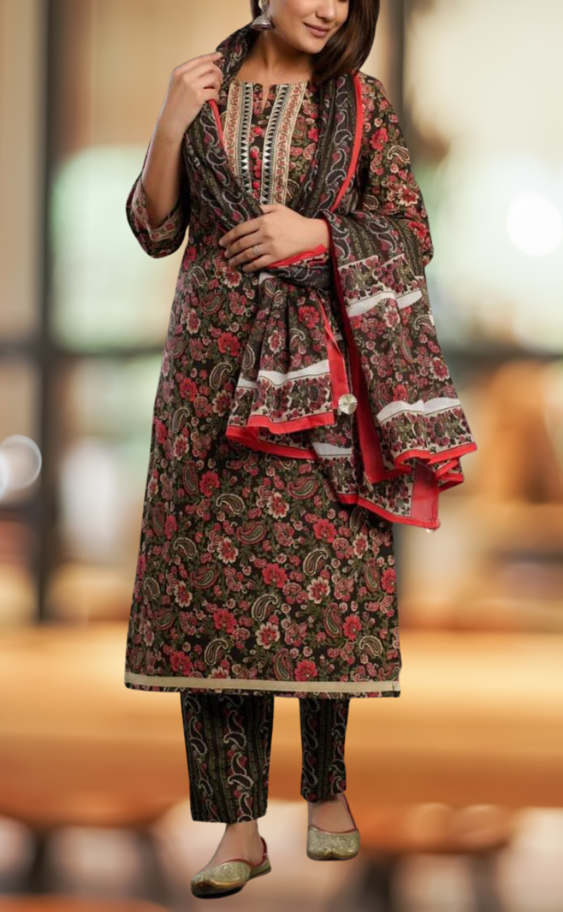 Black/Red Flora Kurti With Pant And Dupatta Set. Pure Versatile Cotton. | Laces and Frills - Laces and Frills