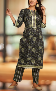 Black/Green Floral Kurti With Pant Set.Pure Versatile Cotton. | Laces and Frills - Laces and Frills