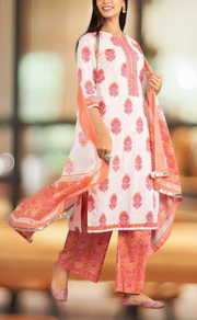 White/Pink Motif Kurti With Palazzo And Dupatta Set .Pure Versatile Cotton. | Laces and Frills - Laces and Frills