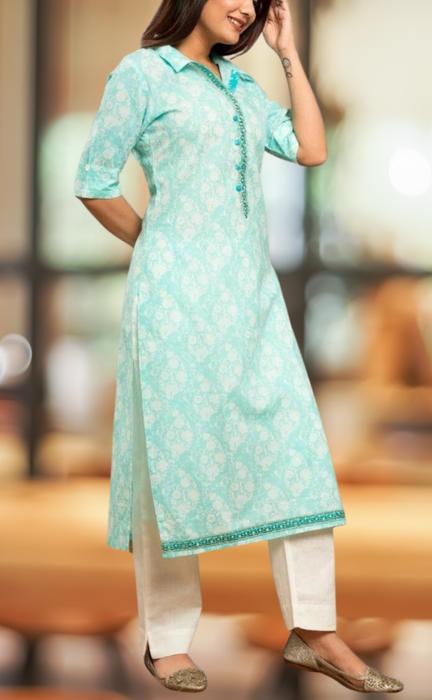 Sky Blue Floral Kurti With Pant Set .Pure Versatile Cotton. | Laces and Frills - Laces and Frills