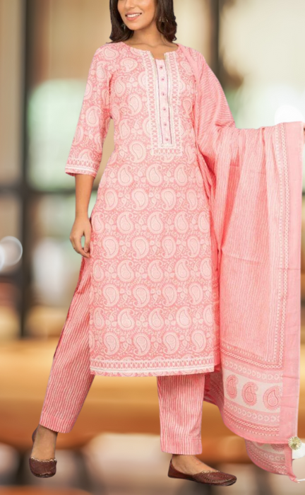 Baby Pink Motif Kurti With Pant And Dupatta Set  .Pure Versatile Cotton. | Laces and Frills - Laces and Frills