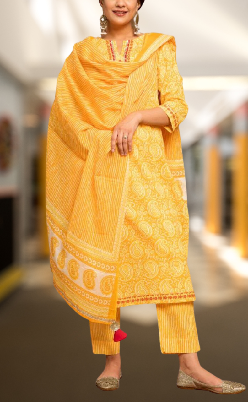 Yellow Motif Kurti With Pant And Dupatta Set  .Pure Versatile Cotton. | Laces and Frills - Laces and Frills