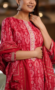 Red Ikkat Kurti With Pant And Dupatta Set. Pure Versatile Cotton. | Laces and Frills - Laces and Frills