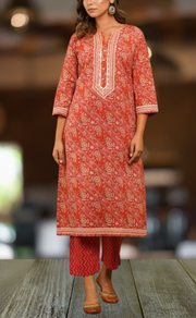 Red Floral Motif Kurti With Pant Set.Pure Versatile Cotton. | Laces and Frills - Laces and Frills