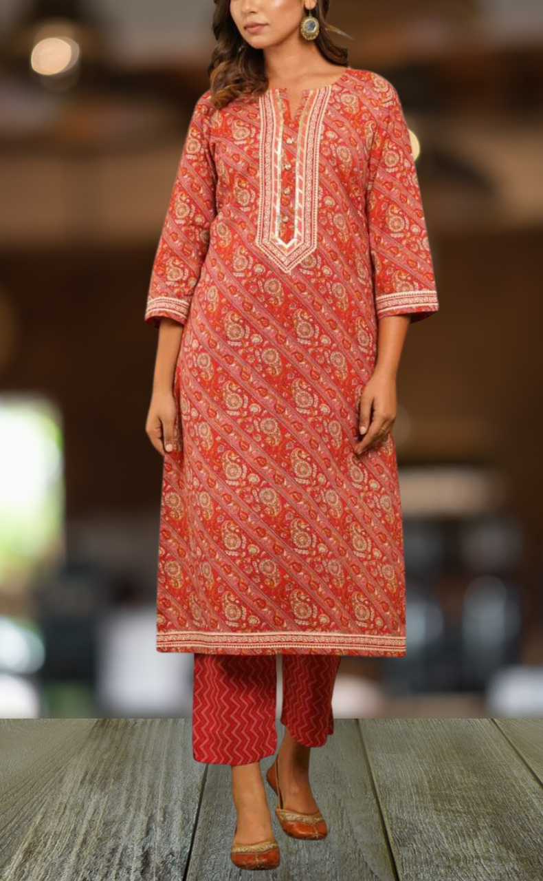 Red Floral Motif Kurti With Pant Set.Pure Versatile Cotton. | Laces and Frills - Laces and Frills