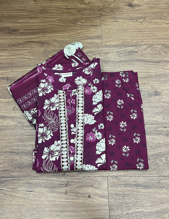 Beetroot Pink Floral Jaipur Cotton Kurti With Pant And Dupatta Set  .Pure Versatile Cotton. | Laces and Frills - Laces and Frills