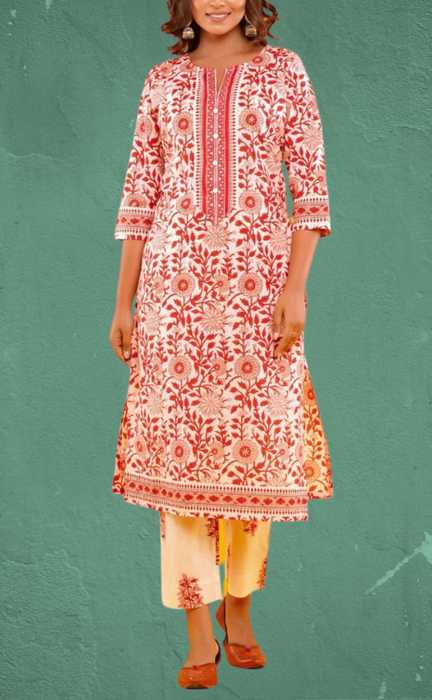 Light Pink/Red Floral Kurti With Pant And Dupatta Set  .Pure Versatile Cotton. | Laces and Frills