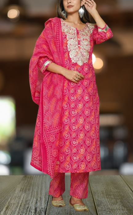 Pink/Peach Embroidery Kurti With Pant And Dupatta Set  .Pure Versatile Cotton. | Laces and Frills - Laces and Frills