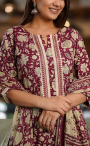 Maroon/Cream Floral Kurti With Pant And Dupatta Set. Pure Versatile Cotton. | Laces and Frills - Laces and Frills