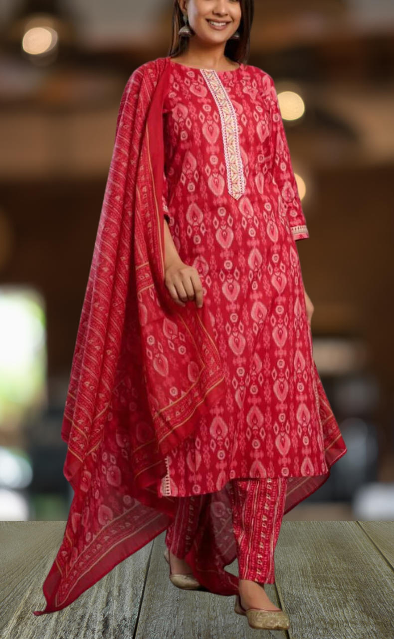 Red Ikkat Kurti With Pant And Dupatta Set. Pure Versatile Cotton. | Laces and Frills - Laces and Frills