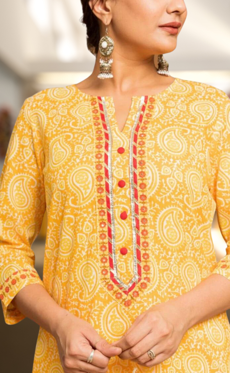 Yellow Motif Kurti With Pant And Dupatta Set  .Pure Versatile Cotton. | Laces and Frills - Laces and Frills