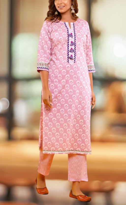 Lavender Pink Floral Kurti With Pant Set.Pure Versatile Cotton. | Laces and Frills - Laces and Frills