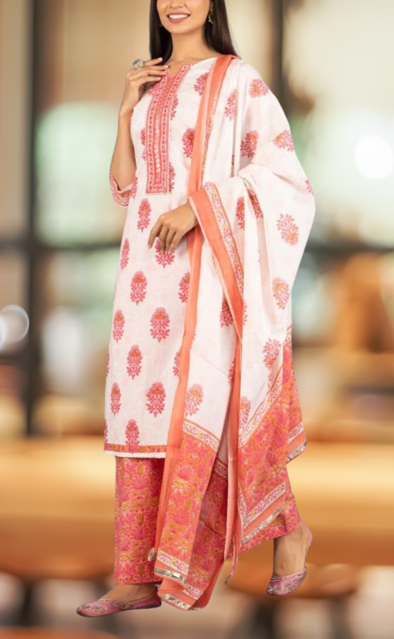 White/Pink Motif Kurti With Palazzo And Dupatta Set .Pure Versatile Cotton. | Laces and Frills - Laces and Frills