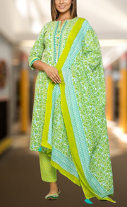 Green Garden Kurti With Pant And Dupatta Set  .Pure Versatile Cotton. | Laces and Frills - Laces and Frills