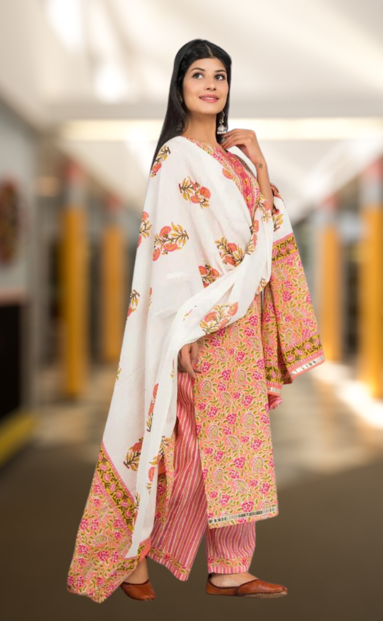 Pink Garden Kurti With Palazzo And Dupatta Set  .Pure Versatile Cotton. | Laces and Frills - Laces and Frills