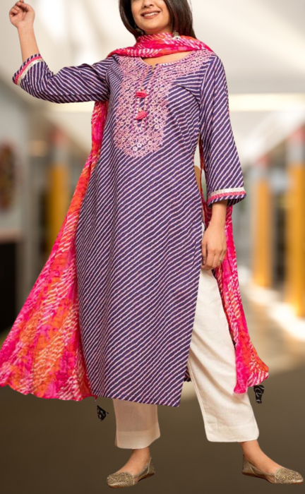 Purple/Pink Lehariya Kurti With Pant And Dupatta Set  .Pure Versatile Cotton. | Laces and Frills - Laces and Frills