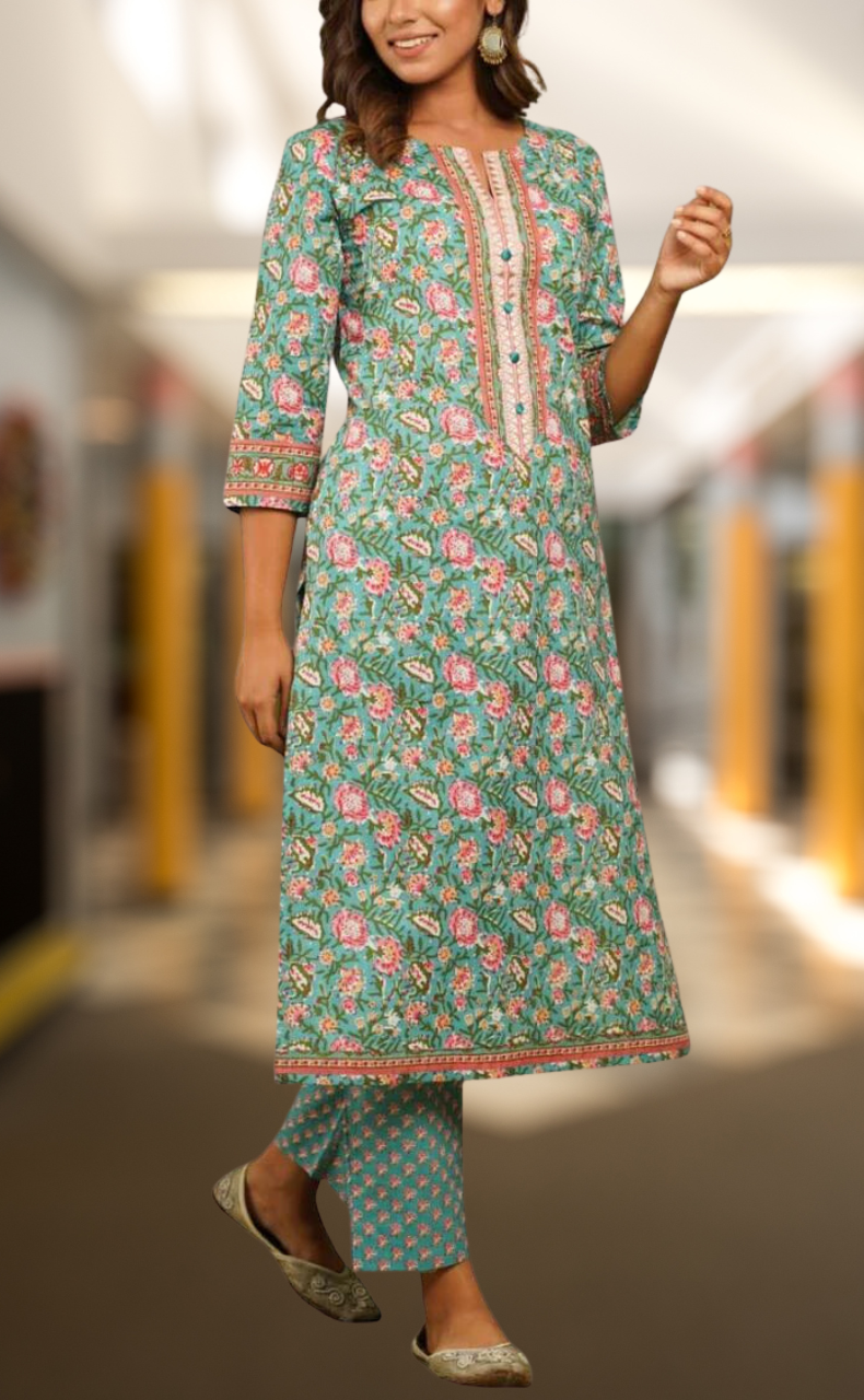 Sea Green/Pink Floral Kurti With Pant Set.Pure Versatile Cotton. | Laces and Frills - Laces and Frills