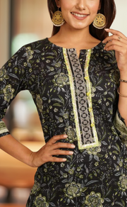 Black/Green Floral Kurti With Pant Set.Pure Versatile Cotton. | Laces and Frills - Laces and Frills