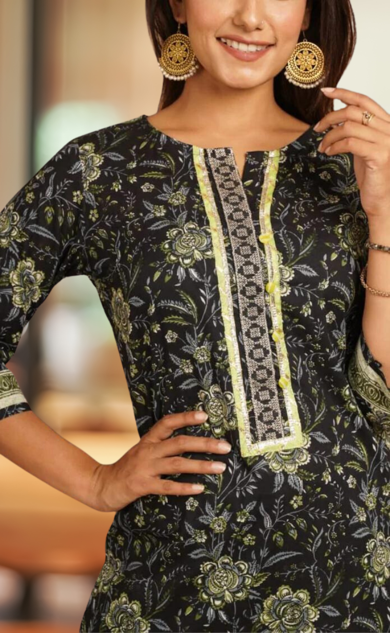 Black/Green Floral Kurti With Pant Set.Pure Versatile Cotton. | Laces and Frills - Laces and Frills
