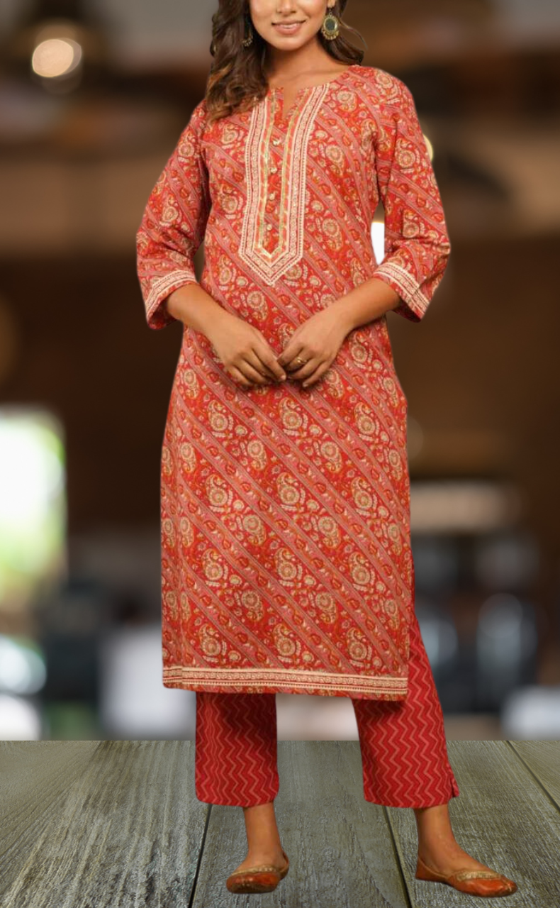 Red Floral Motif Kurti With Pant Set.Pure Versatile Cotton. | Laces and Frills - Laces and Frills