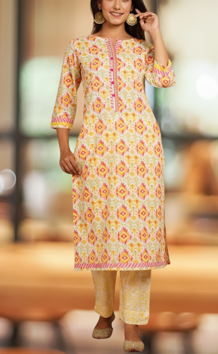 White/Yellow Motif Kurti With Pant Set.Pure Versatile Cotton. | Laces and Frills - Laces and Frills