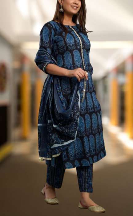 Navy Blue Manga Motif Kurti With Pant And Dupatta Set. Pure Versatile Cotton. | Laces and Frills - Laces and Frills