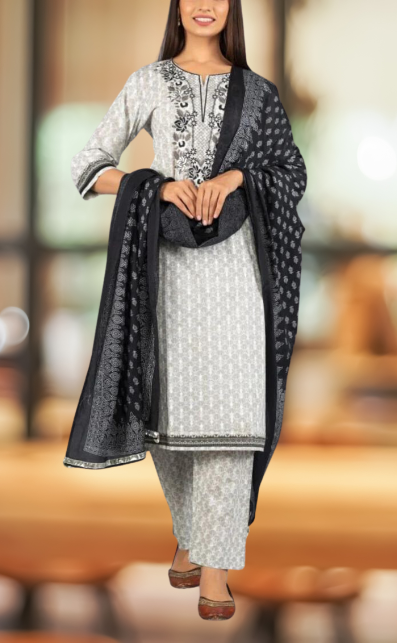 Grey Embroidery Kurti With Pant And Dupatta Set.Pure Versatile Cotton. | Laces and Frills - Laces and Frills