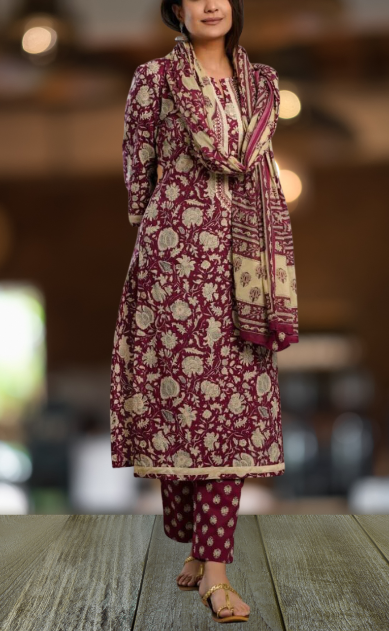 Maroon/Cream Floral Kurti With Pant And Dupatta Set. Pure Versatile Cotton. | Laces and Frills - Laces and Frills