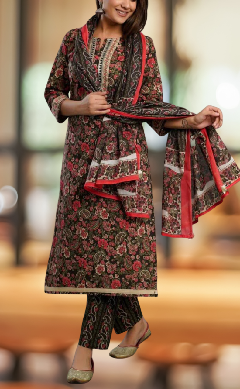 Black/Red Flora Kurti With Pant And Dupatta Set. Pure Versatile Cotton. | Laces and Frills - Laces and Frills