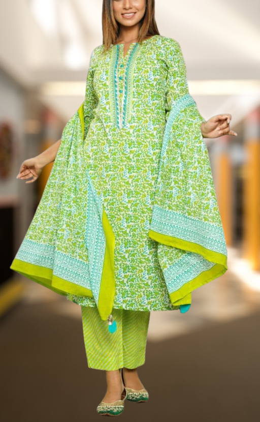 Green Garden Kurti With Pant And Dupatta Set  .Pure Versatile Cotton. | Laces and Frills - Laces and Frills