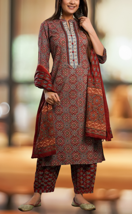 Maroon Garden Kurti With Pant And Dupatta Set. Pure Versatile Cotton. | Laces and Frills - Laces and Frills