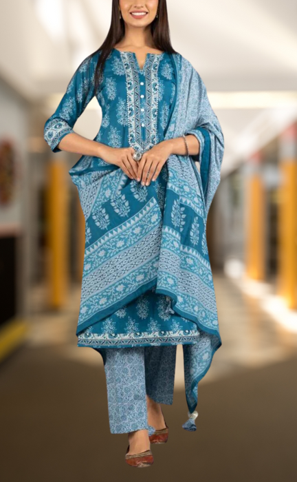 Indigo Blue Floral Kurti With Pant And Dupatta Set.Pure Versatile Cotton. | Laces and Frills - Laces and Frills